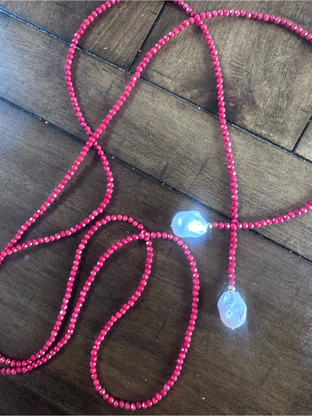 14K Delicate Coral Beaded Necklace with Pearl Drops X long